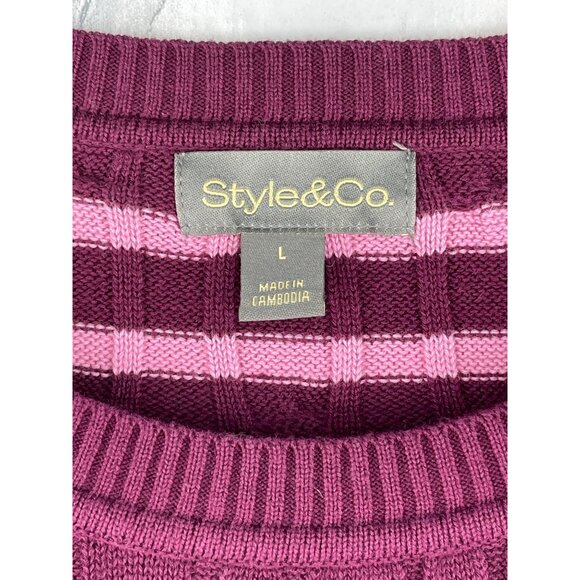 Style & Co. Womens L Cable Crew Striped Sweater Pink & Burgundy - Picture 7 of 8